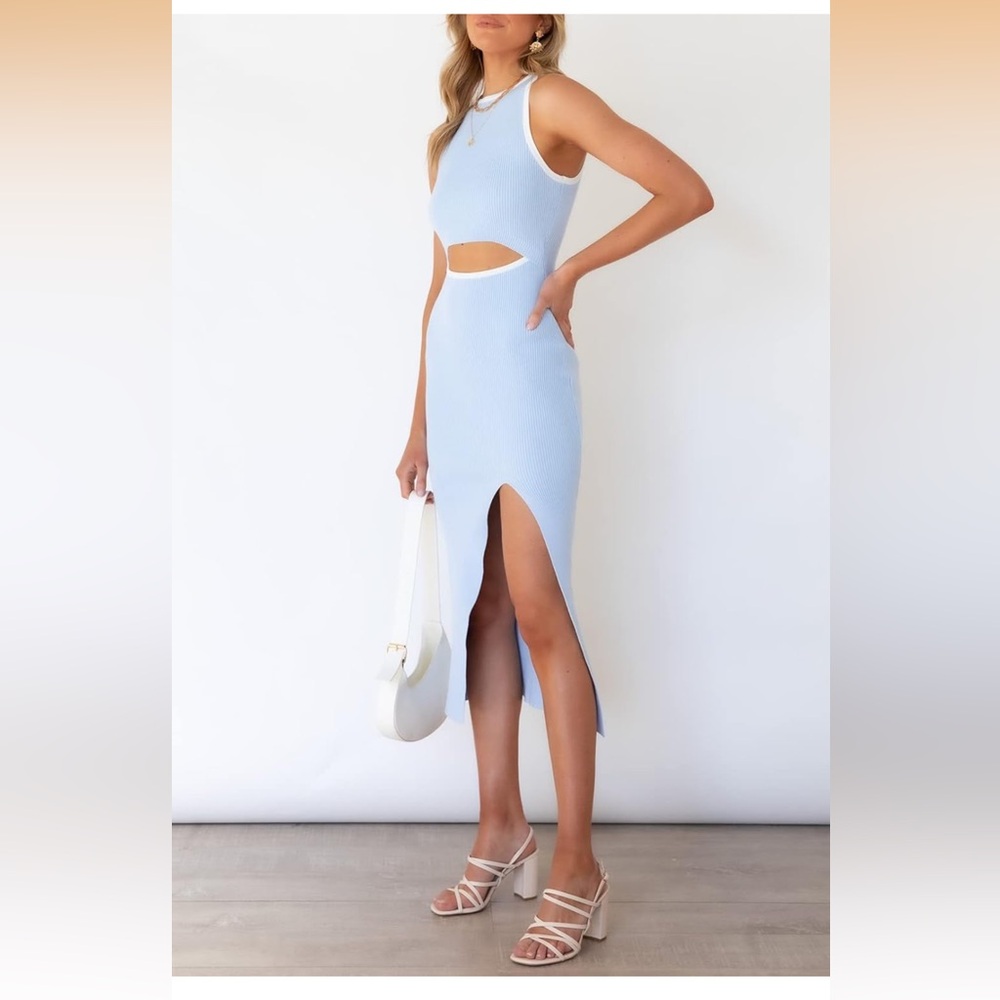Santorini Blue Cutout Crew Neck Sleeveless Tank Slit Ribbed Bodycon Midi Dress - Picture 3 of 7